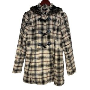 Say What Beige/Tan, Black and Red Plaid Coat w/ Hood and Toggle Closure Size XL